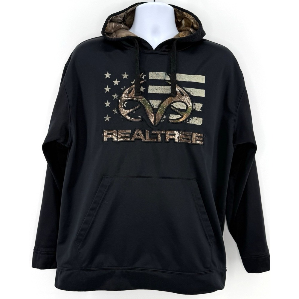 Realtree Camo Flag Antlers Hoodie Men L Black Pullover Hunting Outdoors‎ Graphic